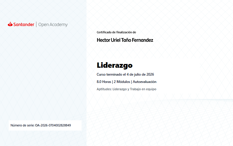 Certificado de finalización del curso Liderazgo emitido por Santander Open Academy a Hector Uriel Taño Fernandez